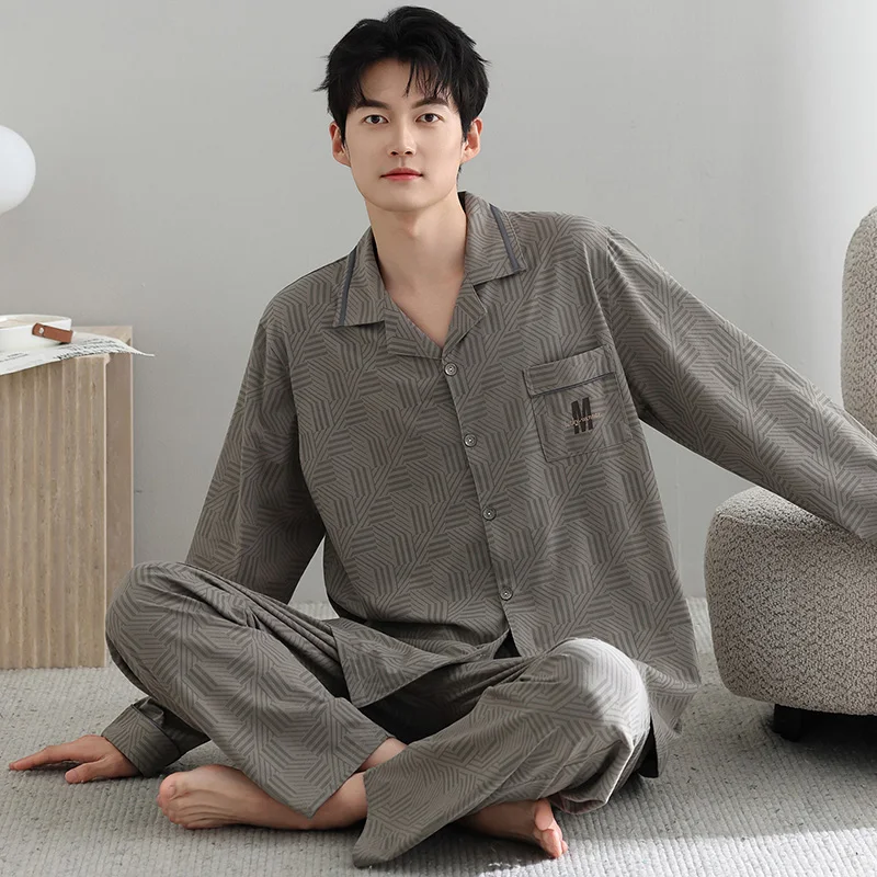 Big Size M-4XL Men Pajamas Set Knited Cotton Sleepwear Male Autumn Turn-down Collar Long Sleeve Pyjamas