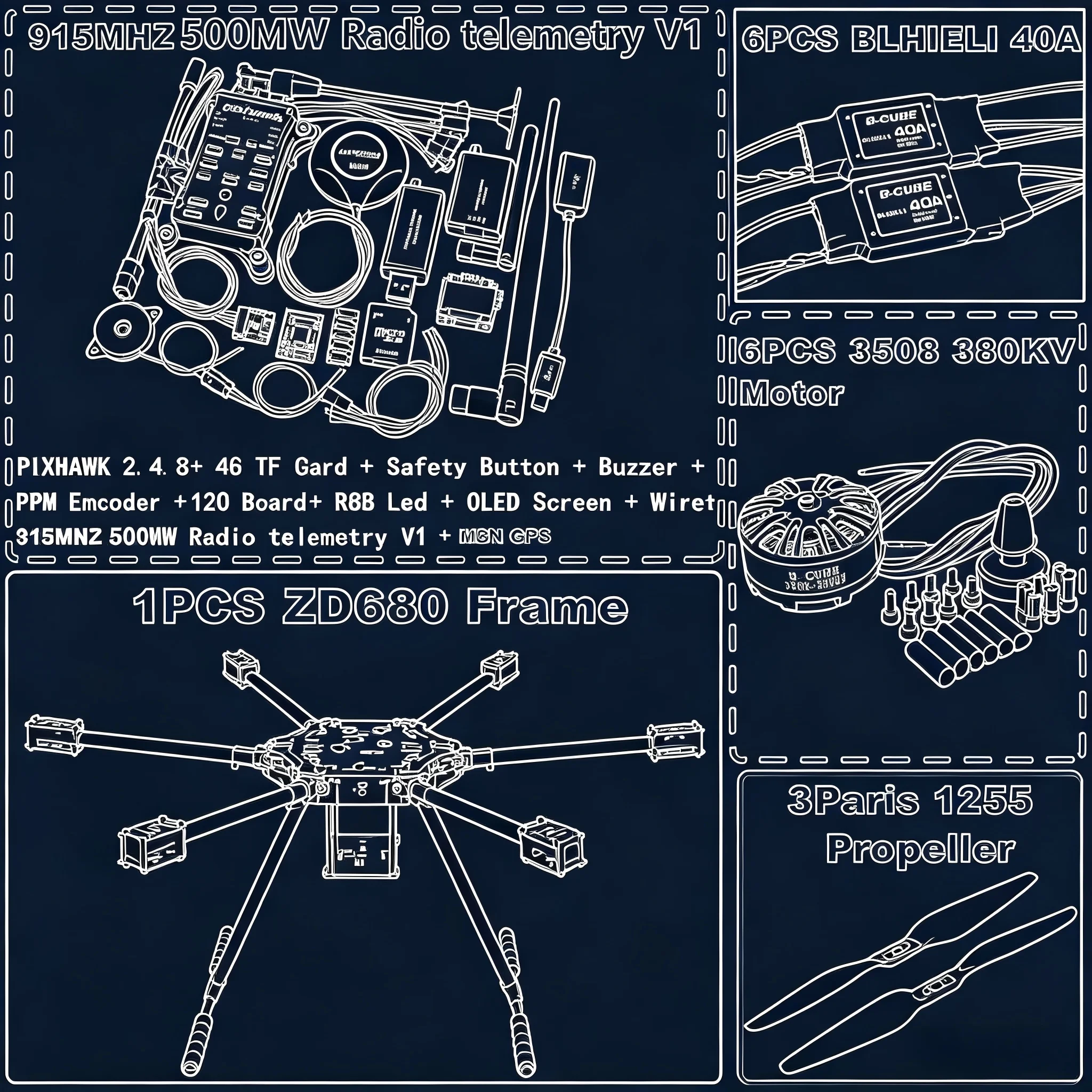 RCtoSky Ardupilot ZD680 Full Carbon Fiber Hexa-Rotor Foldable Arm Hexacopter Frame Kit for 2.4.8 Radio Landing Gear