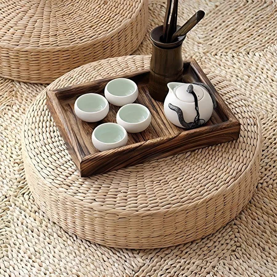 Handmade Straw Woven Round Futon Cushion Japanese Solid Color Bay Window Floor Tatami Pillow