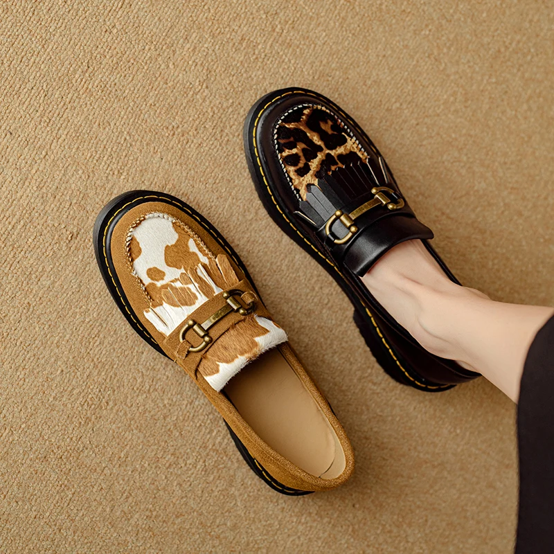 

Genuine Leather Loafers with Pony Hair Vintage Chunky Platform Shoes Women Metal Buckle Tassel Decor