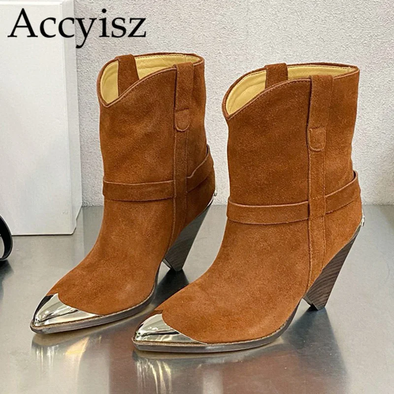 

2024 Autumn Winter Retro High Heels Short Boots Women's Pointed Toe Suede Metal Toe Ankle Boots Strange Style Chelsea Botas