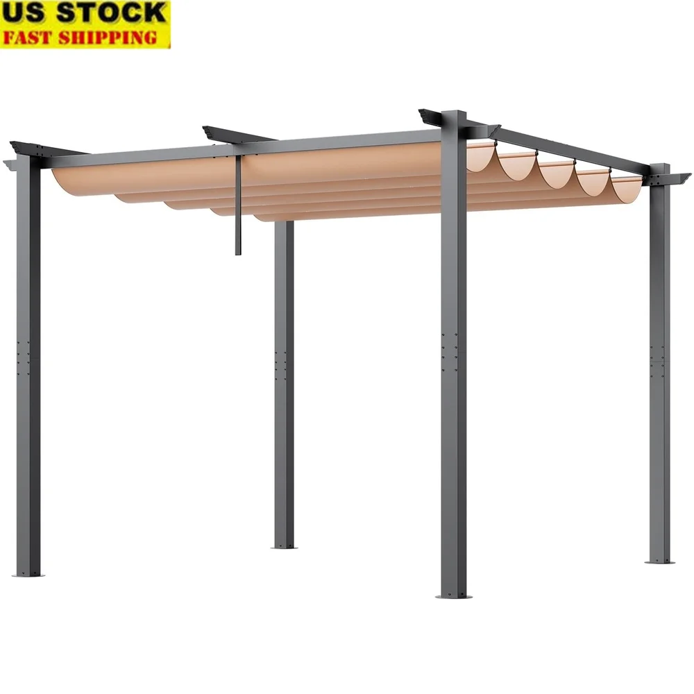 

Outdoor Aluminum Pergola 10x10 Retractable Sun Shade Canopy Backyard Patio Durable UV50 Protection Easy Assembly