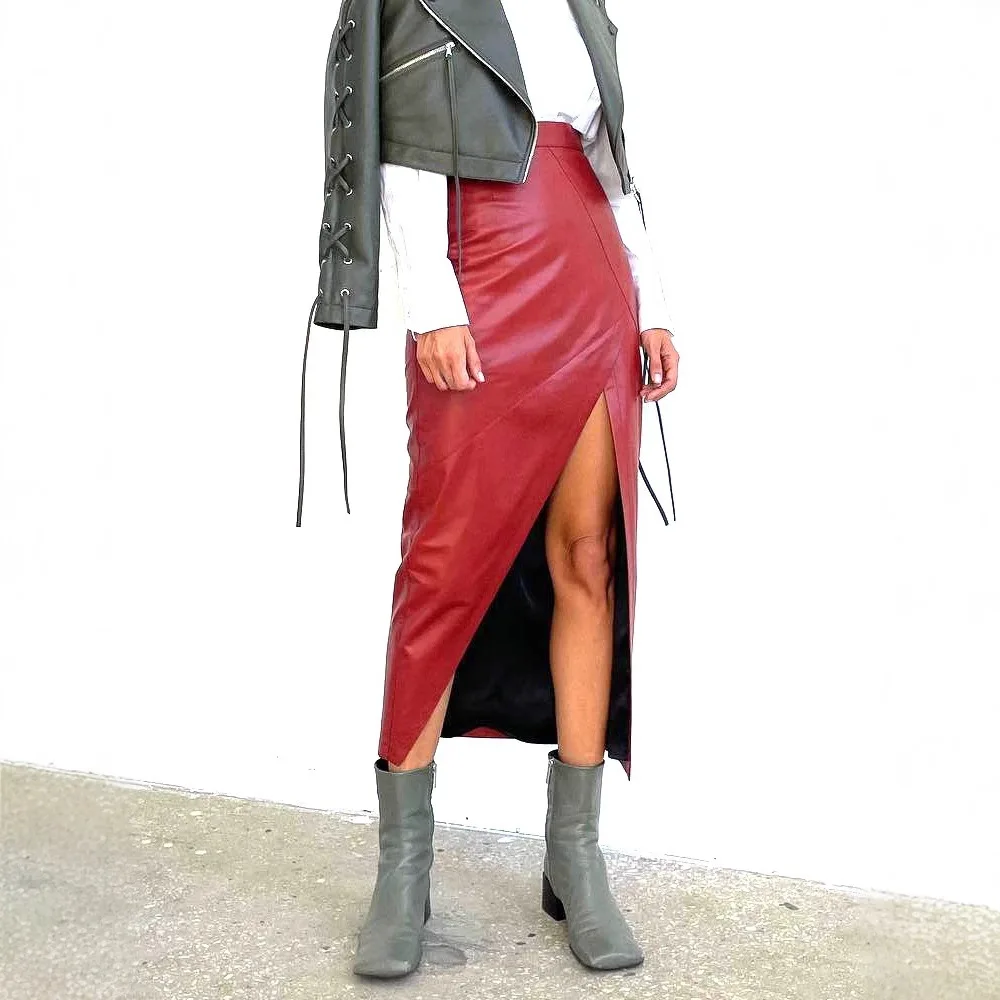 

Style Temperament Fashionable Solid Color PU Leather Splicing High Waist Slim Split Skirt Irregular Leather Skirt