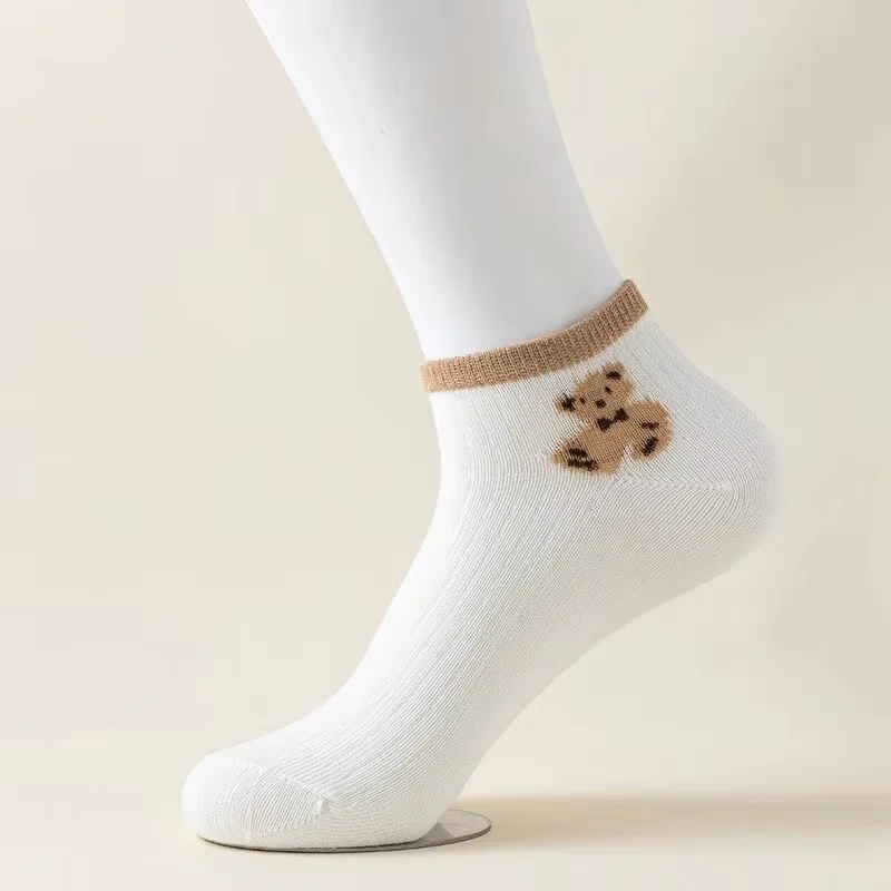 5 Pairs of Cute Teddy Bear WOMEN'S Short Socks with Shallow Mouthed Spring and Summer Casual Matching Short Tube Boat Socks