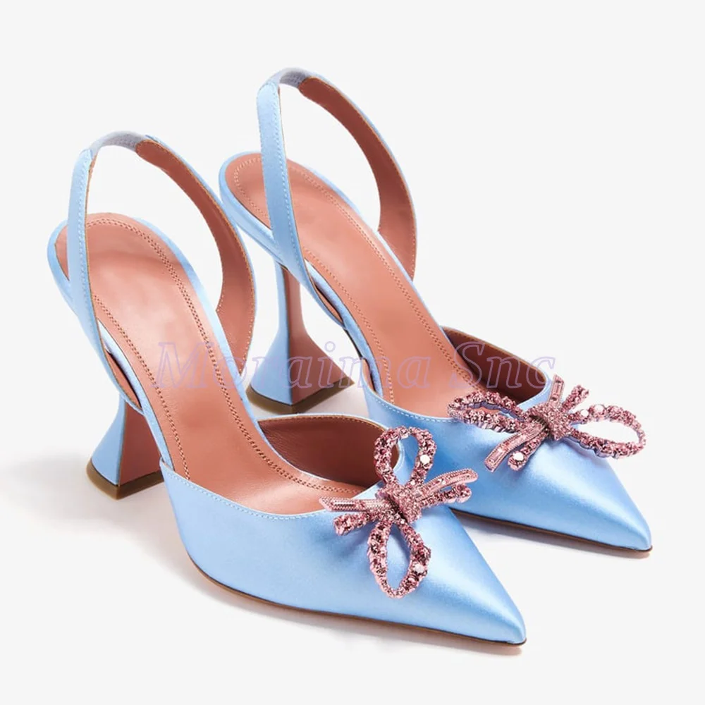 

Атласные сандалии с узлом-бабочкой и кристаллами, сандалии с бокалом для вина, каблук с открытой пяткой, неглубокие пикантные модные женские модельные туфли, лето 2024