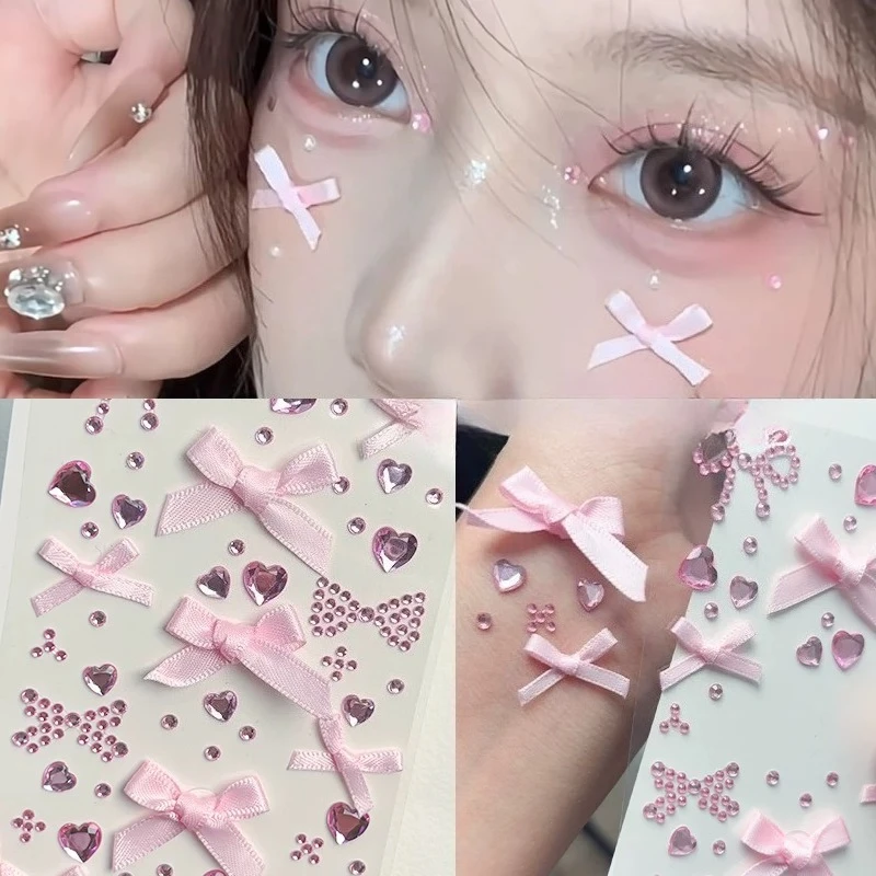 1Pcs Pink Sweet Ribbon Bow Heart Rhinestone Sticker Kawaii Bowknot Gem Adhesive Face Tattoo Sticker Y2K Makeup DIY Eyes Stickers