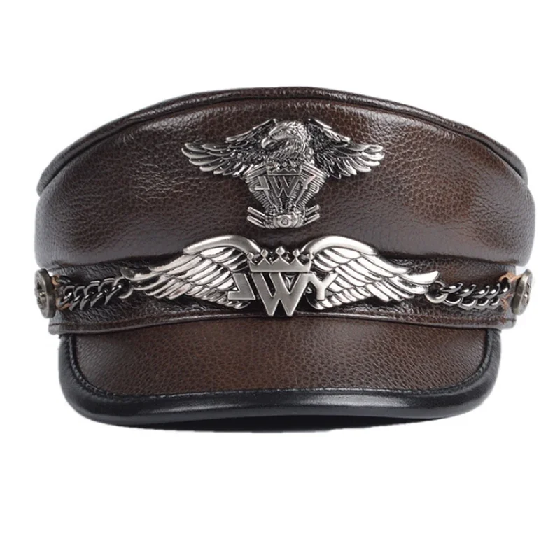 Unisex German Military Cap Man Genuine Leather Flat Top Hat Korean Fashion Eagle Mark Chain Punk Locomotive Casquette Male