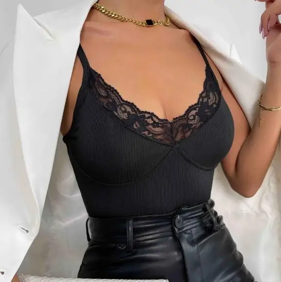 

Women's Vest 2026 Summersexy Lace Patchwork V-Neck Pure Desire Style Tight Fitting Sleeveless Versatile Knitted Camisole Vest