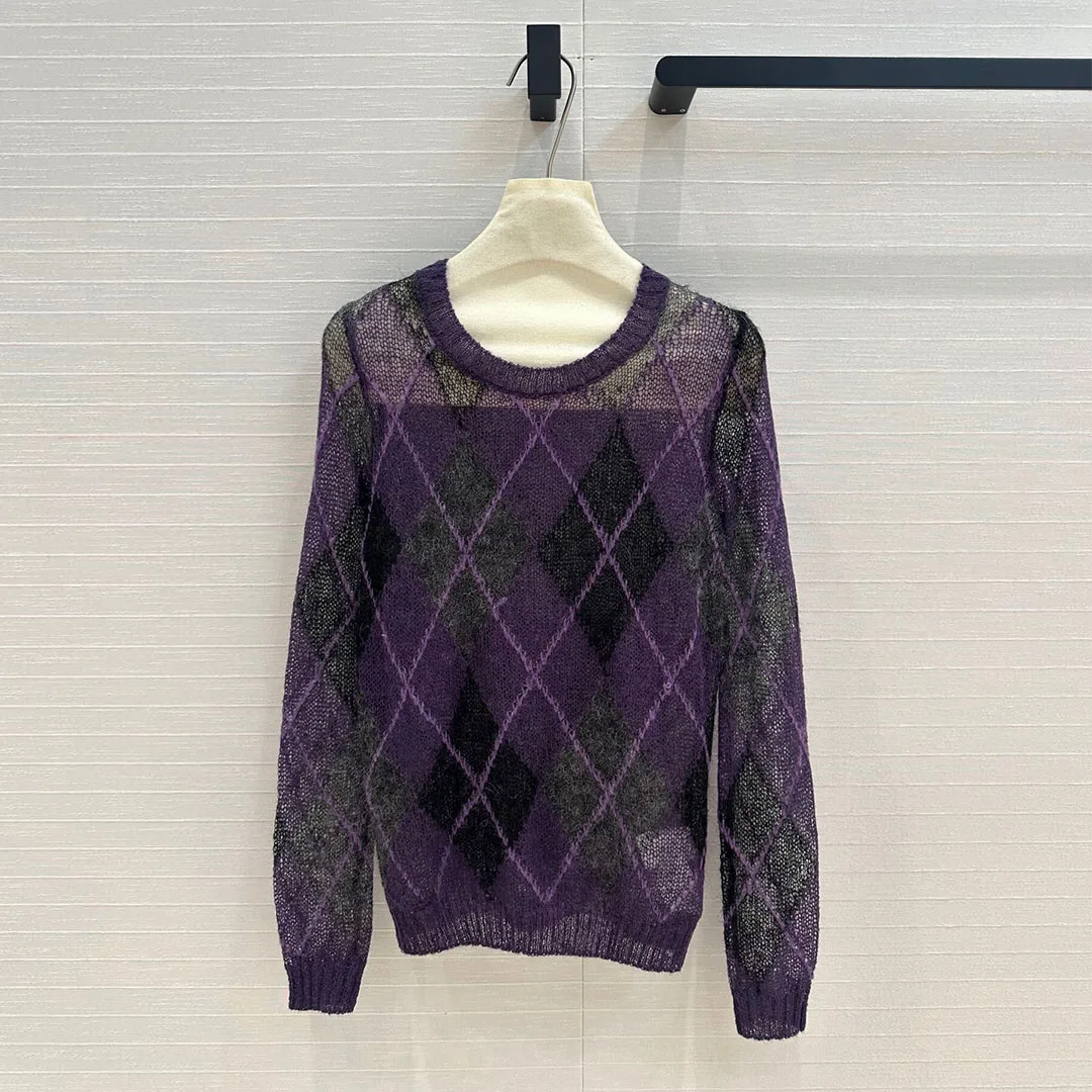 New Spring Wool Mohair Blends Knitted Pullover Women Argyle Pattern Preppy Style Soft Hollow Out Sweet Sweater