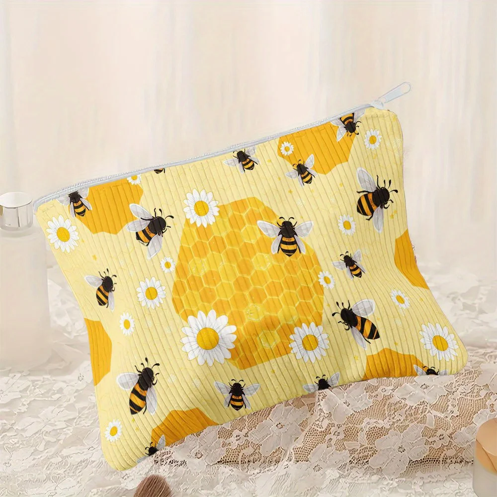 Corduroy Makeup Bag with Honeycomb Bees & Daisies Print - Cute Zippered Cosmetic Pouch Suitable for Travel, Daily Use