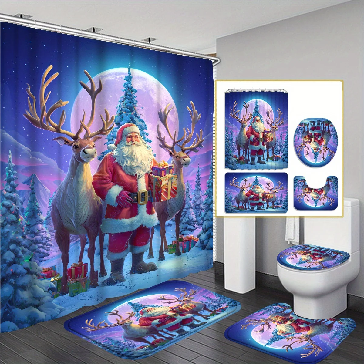4Pcs Christmas Santa and Elk Shower Curtain Set with 12 Hooks, Bathroom Decor with Toilet Mat & Non-slip Mat,Modern Holiday Gift