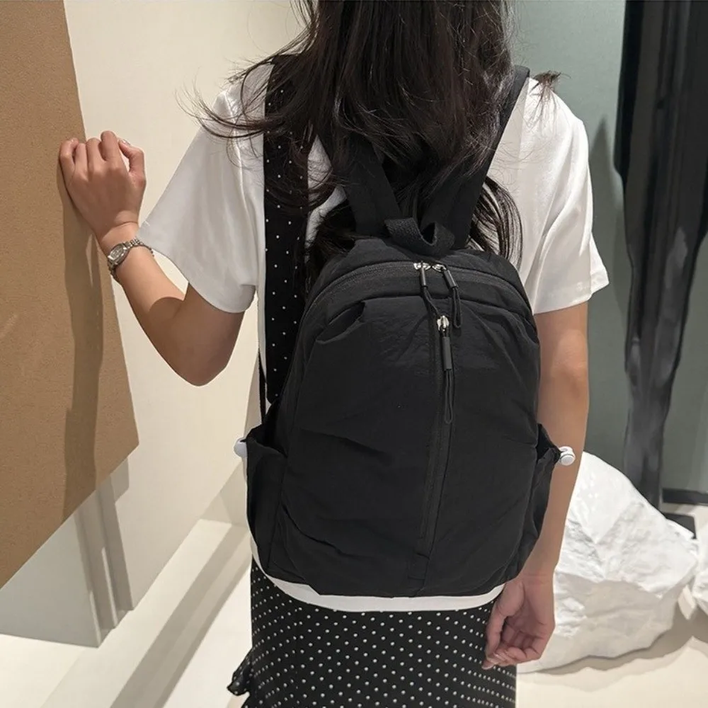 Fashion Pleated Nylon Backpack Large Capacity Solid Color Rucksack Durable Lightweight Student School Bag Gift