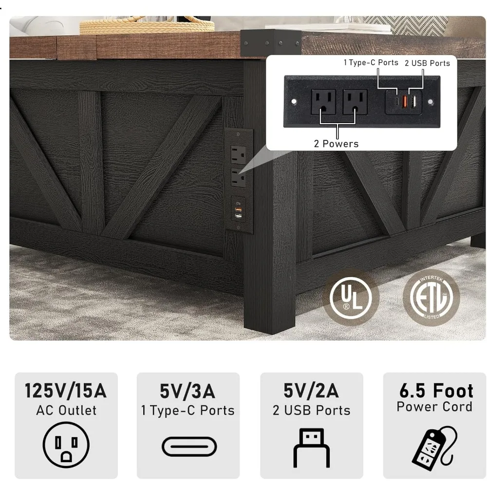 Farmhouse Lift Top Coffee Table with Storage, Wood Square Center Table with Charging Station&USB Ports