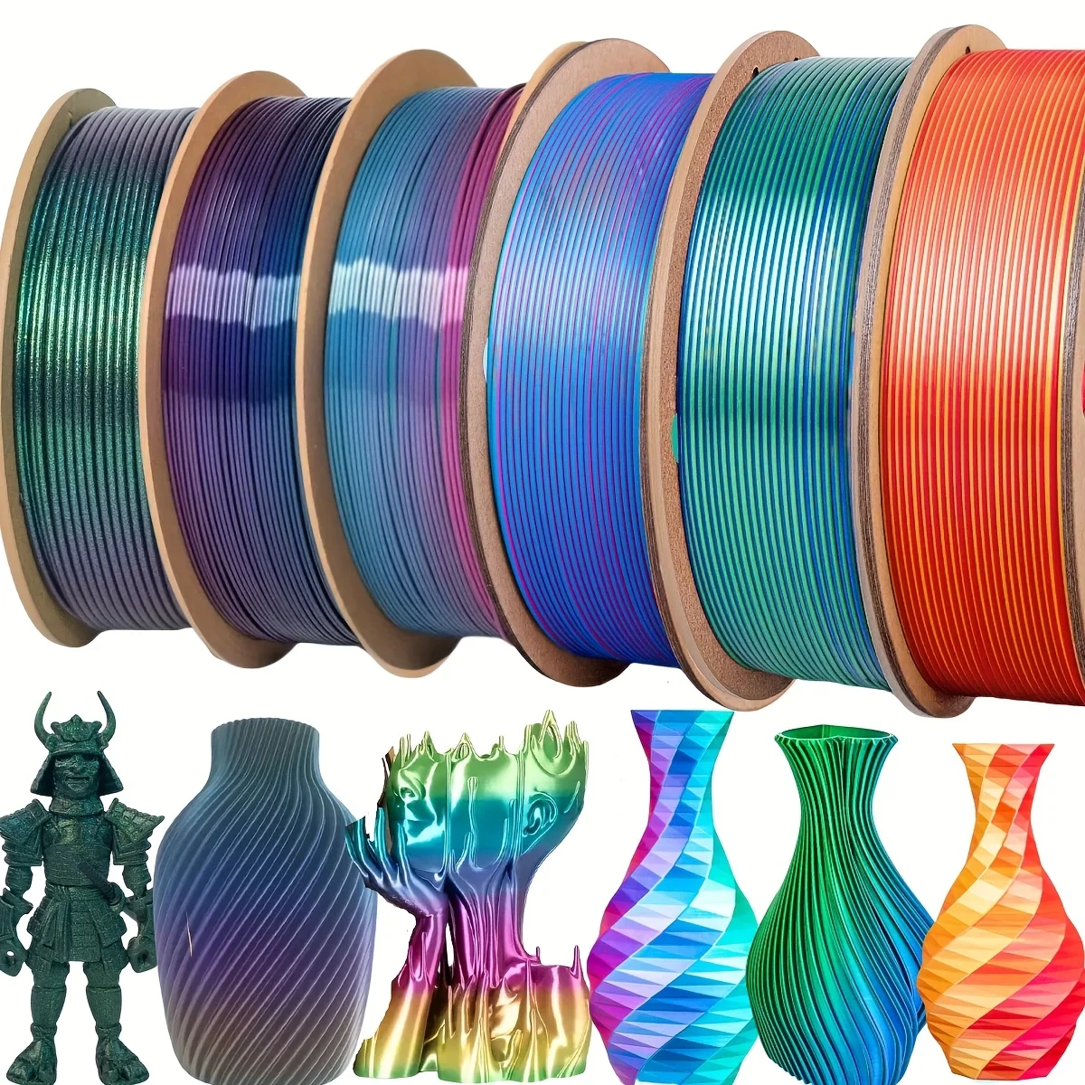 

6 pcs 3D Printer Filament Bundle, Silk PLA 1.75mm, 1.5kg Total, 250g per Spool,Dim0ensional Accuracy +/- 0.03 mm