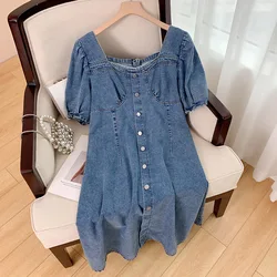 150Kg Plus Size Women's Bust 150 Summer Loose Square Neck Bubble Sleeve Back Zipper Denim Dress Blue 5XL 6XL 7XL 8XL 9XL