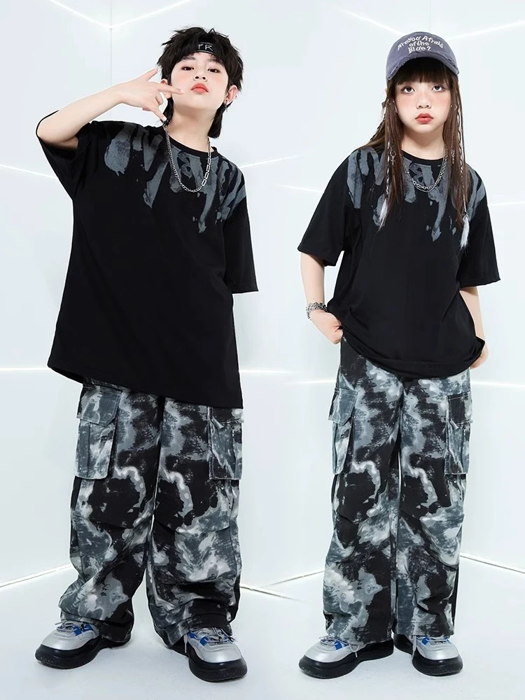 男の子と女の子のためのTシャツヒップホップ服、黒Tシャツ、ルーズパンツ、ジャズパフォーマンススーツ、ステージウェア、夏、bl12654