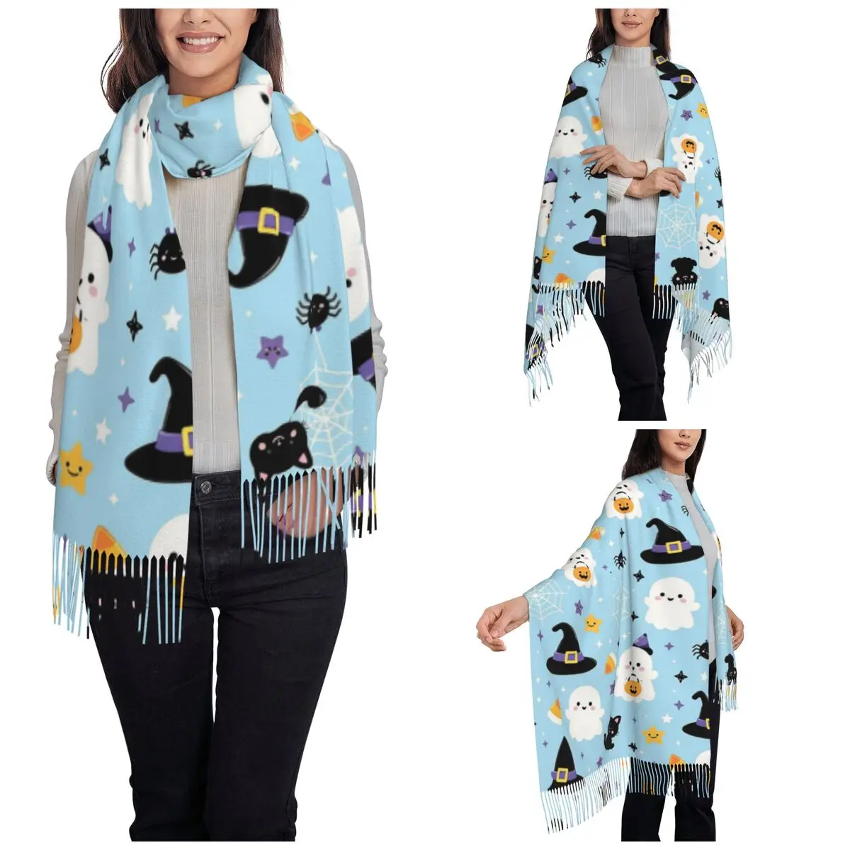Women's Scarf with Tassel Cute Spooky Ghosts Halloween Single-sided Pattern Winter Fall Shawl Wrap Daily Wear Pashmina Scarves