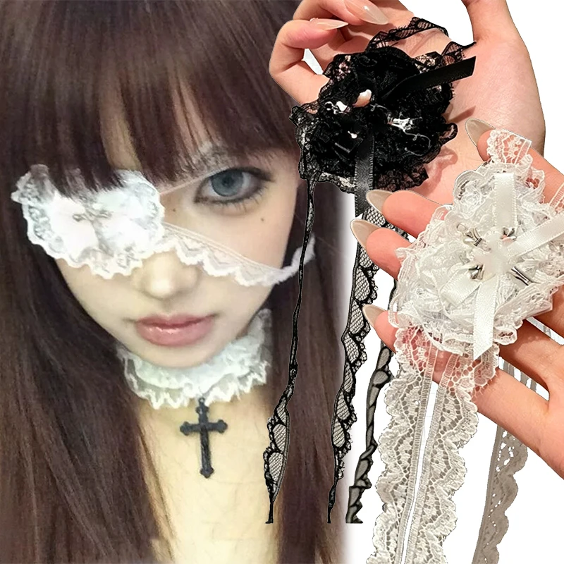 Cosplay Sweet and Cool Black White Lace Bows Cross Eye Mask Suitable for Halloween Theme Lolita Dark Gothic COS Accessories