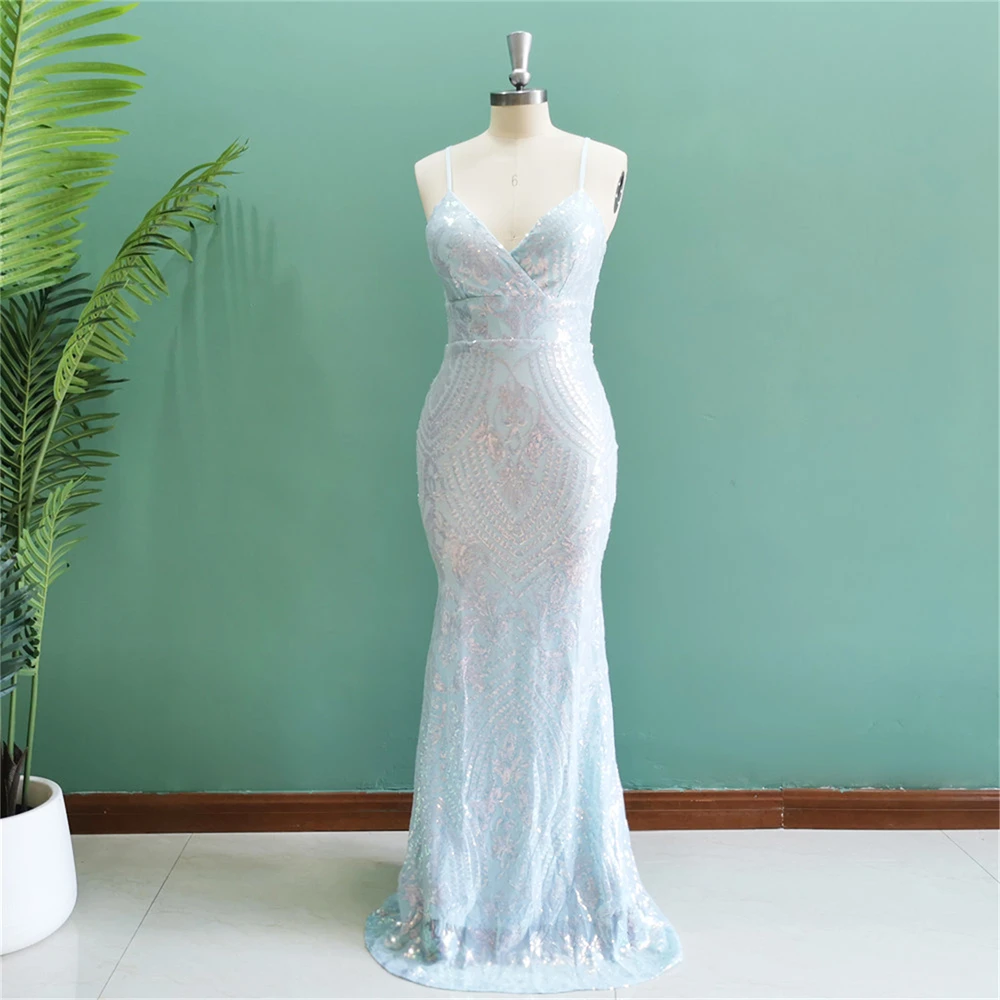 

Lovely Baby Blue Sequined Mermaid Long Evening Dress 2024 Spaghetti Straps Backless Sexy Women Prom Gowns For Party Dropshipping