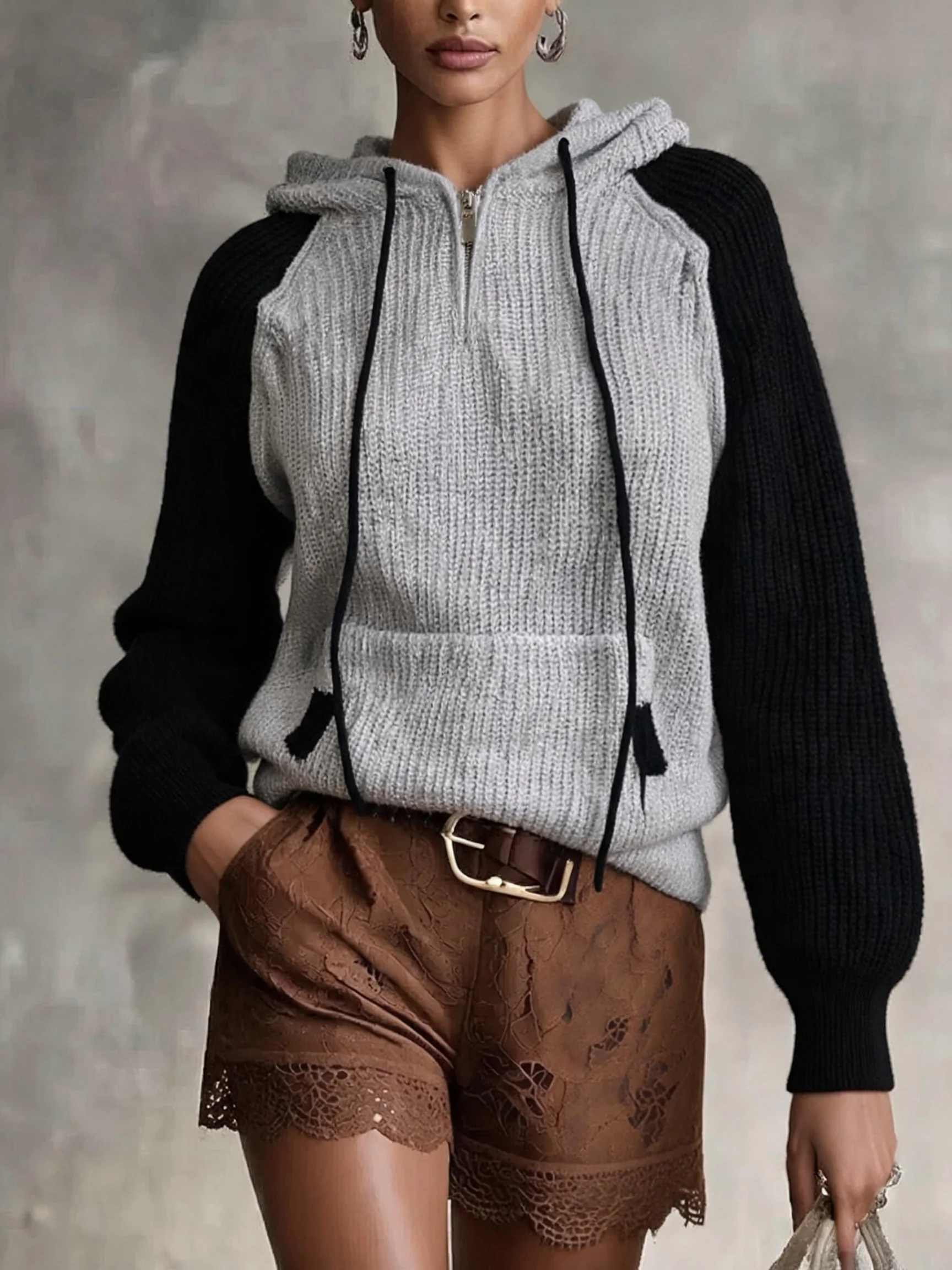 Half-Zip Hooded Sweatshirt, Drawstring Design, Color-Block Knit Pattern, Casual Style, Suitable for Everyday Wear