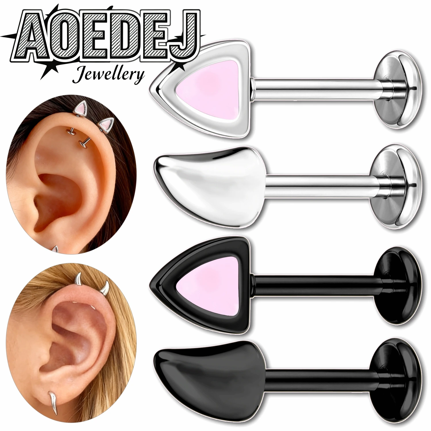 Image of AOEDEJ 1-2 Stück/Set 16G Rosa Sipke Edelstahl Ohrstecker für Frauen und Mädchen Labret Lippenstecker Teufel Katzenohr Conch Helix Piercings