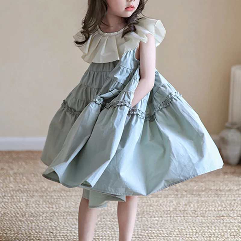 

Girls' Contrasting Color Pleated Lapel Dress, New Summer 2025 Children's Casual Dress for Girls