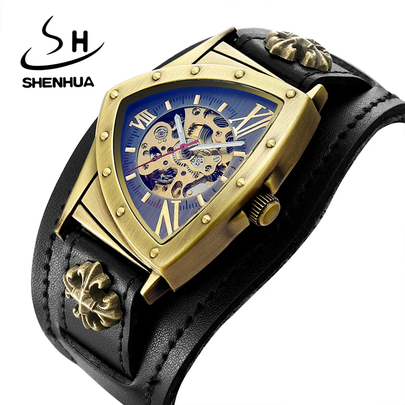 SHENHUA Luxury Skeleton Dial Men's Automatic Mechanical Watch Antique Bronze Steampunk Triangle Wristwatches