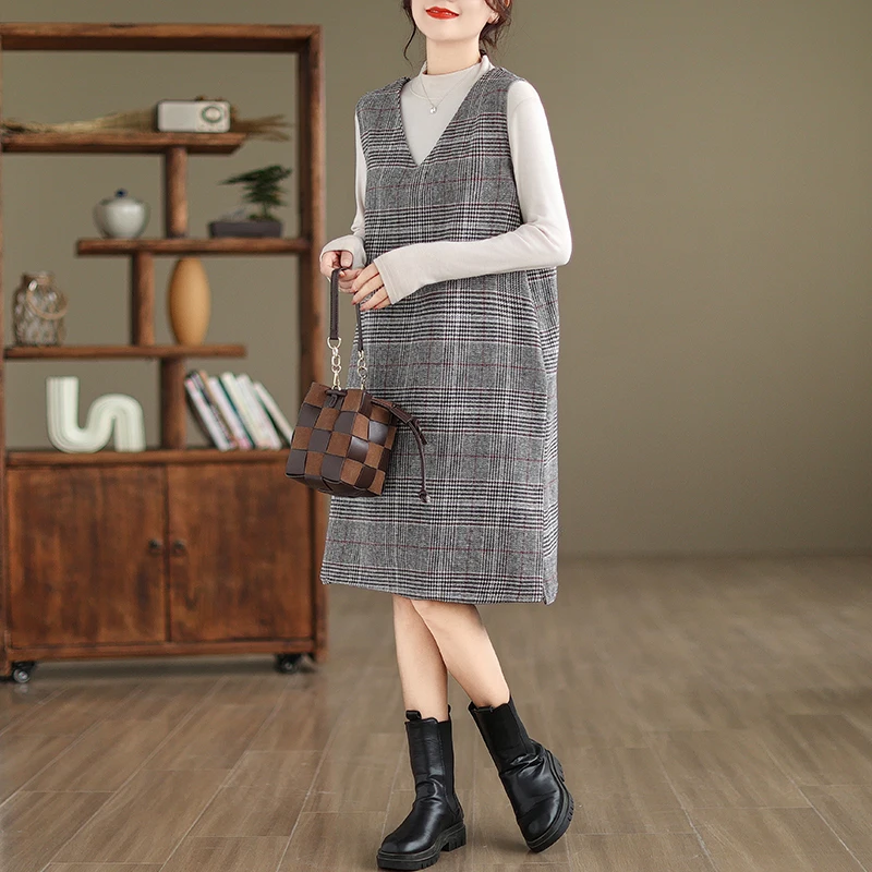 Jesienno-zimowa wełniana kamizelka w kratę Dr Women plus size z dekoltem w serek, elegancka kamizelka midi, modna koreańska kamizelka w kształcie litery A...
