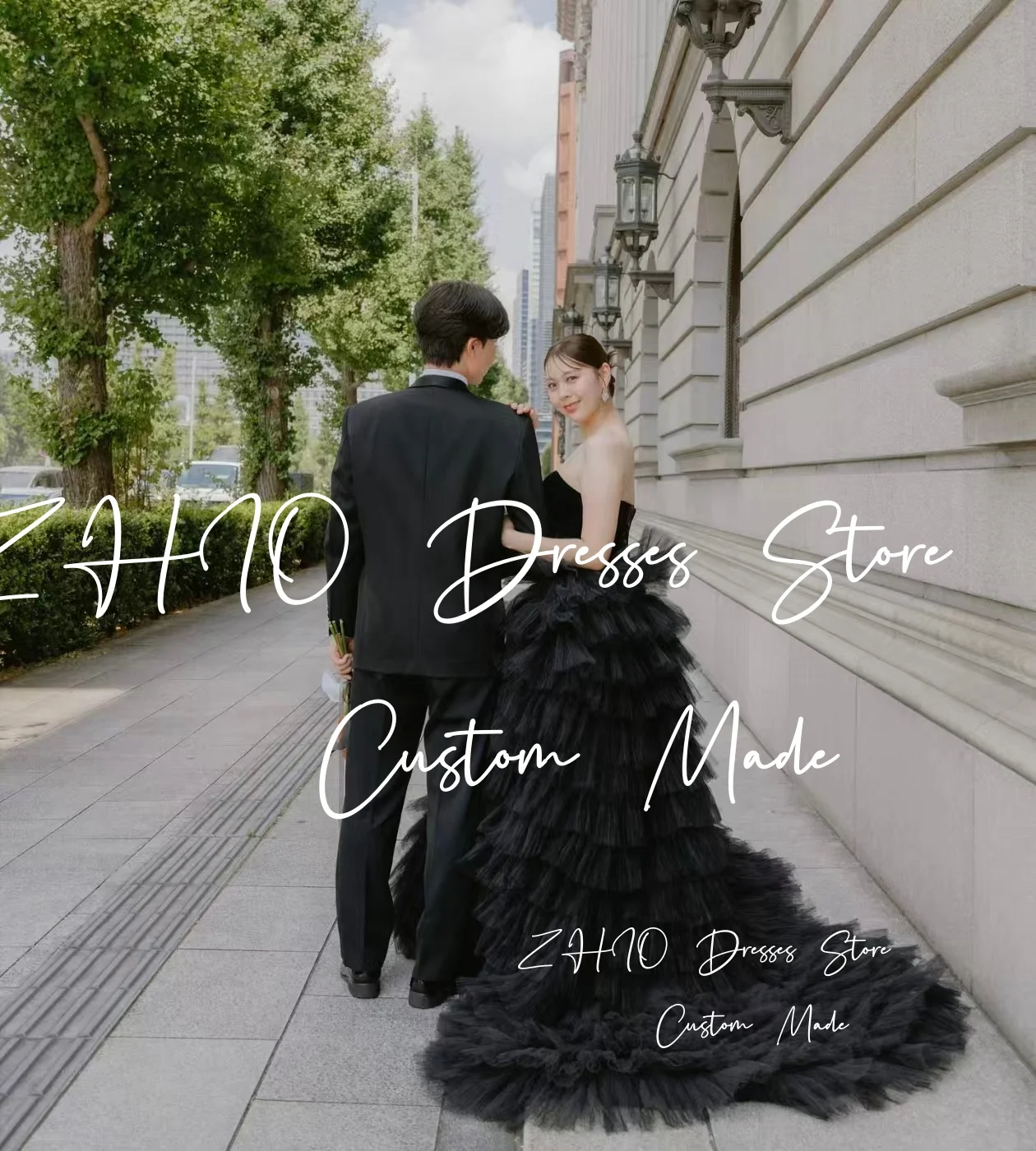 ZHIO Principessa Abito da sposa in tulle nero con scollo a cuore drappeggiato Sweep Train Abito da ballo Corea Servizio fotografico Abito da ricevimento nuziale personalizzato