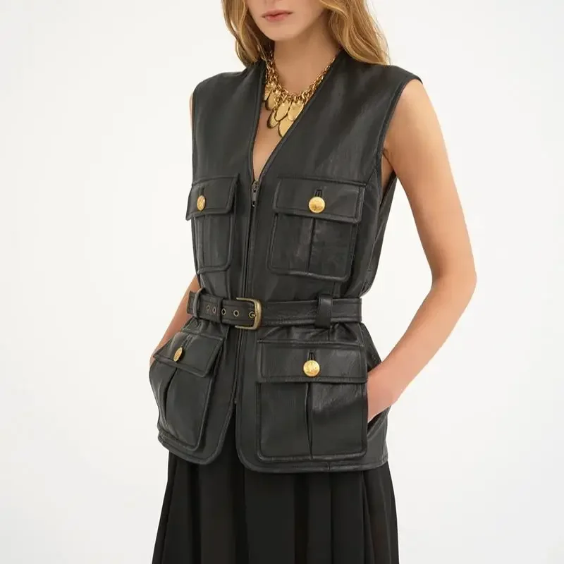 Streetwear Women Vest Sheepskin Coat Moto Biker Sleeveless Leather Jacket V-Neck With Pockets Vest Female Casual Waistcoat