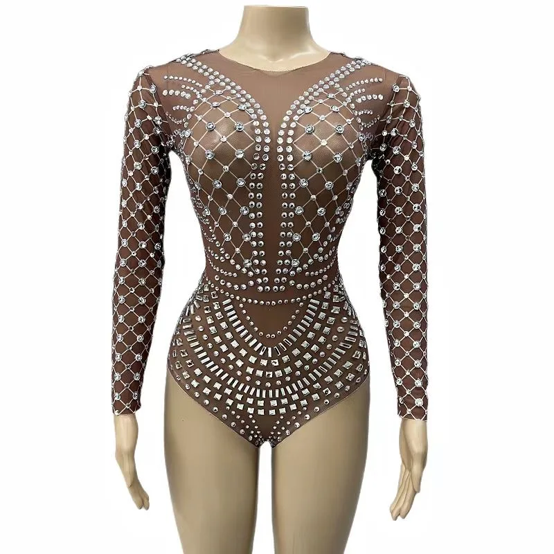 

Women Silver Rhinestones Transparent BodysuitBirthdav Celebrate Evenina Costume PromDancer Long Sleeves Nightclub Outfit C015