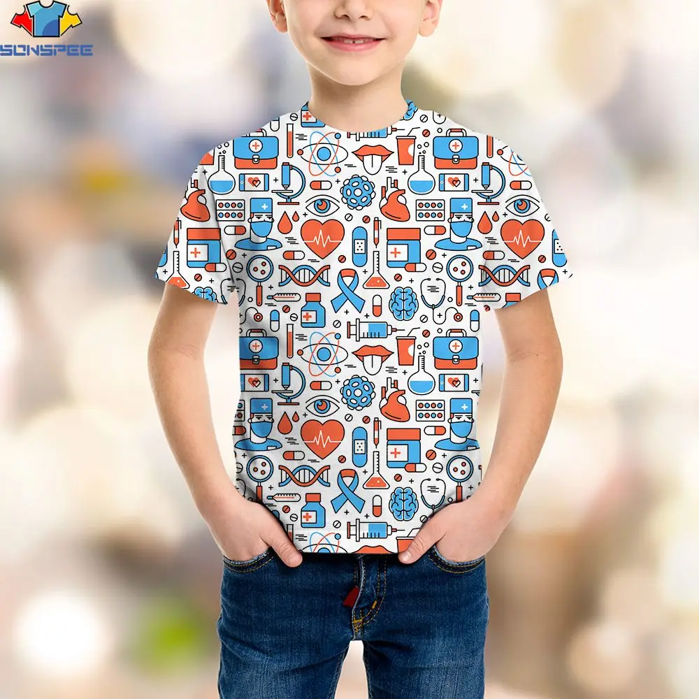 SONSPEE 3D Print Kids Boys Girls Kawaii T-Shirt Funny Cosplay Doctor EKG Microscope Cartoon Pattern TShirts Fashion Casual Tops