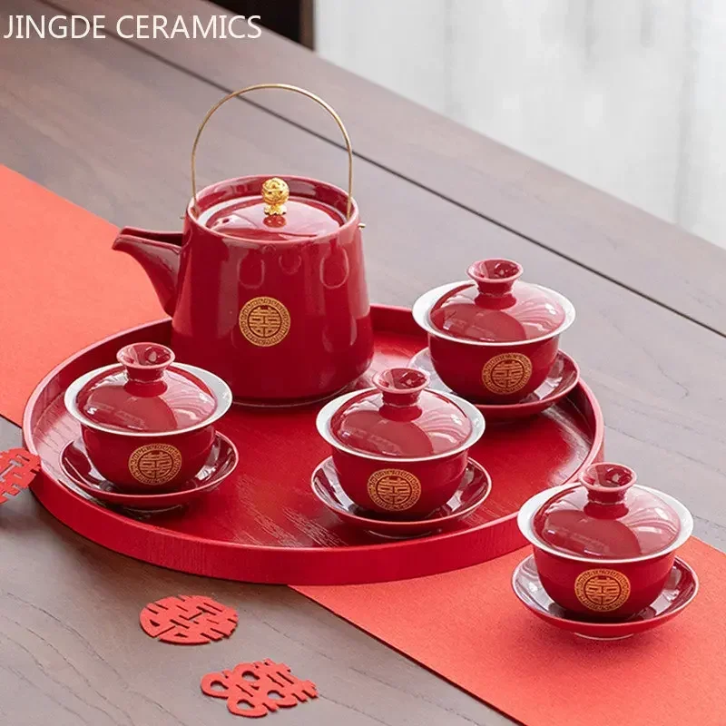 Red Ceramic Gaiwan Teapot Tea Tray Suit Boutique Chinese Tea Sets Wedding Tea Set Supplies Customized High Grade Teaware Gifts