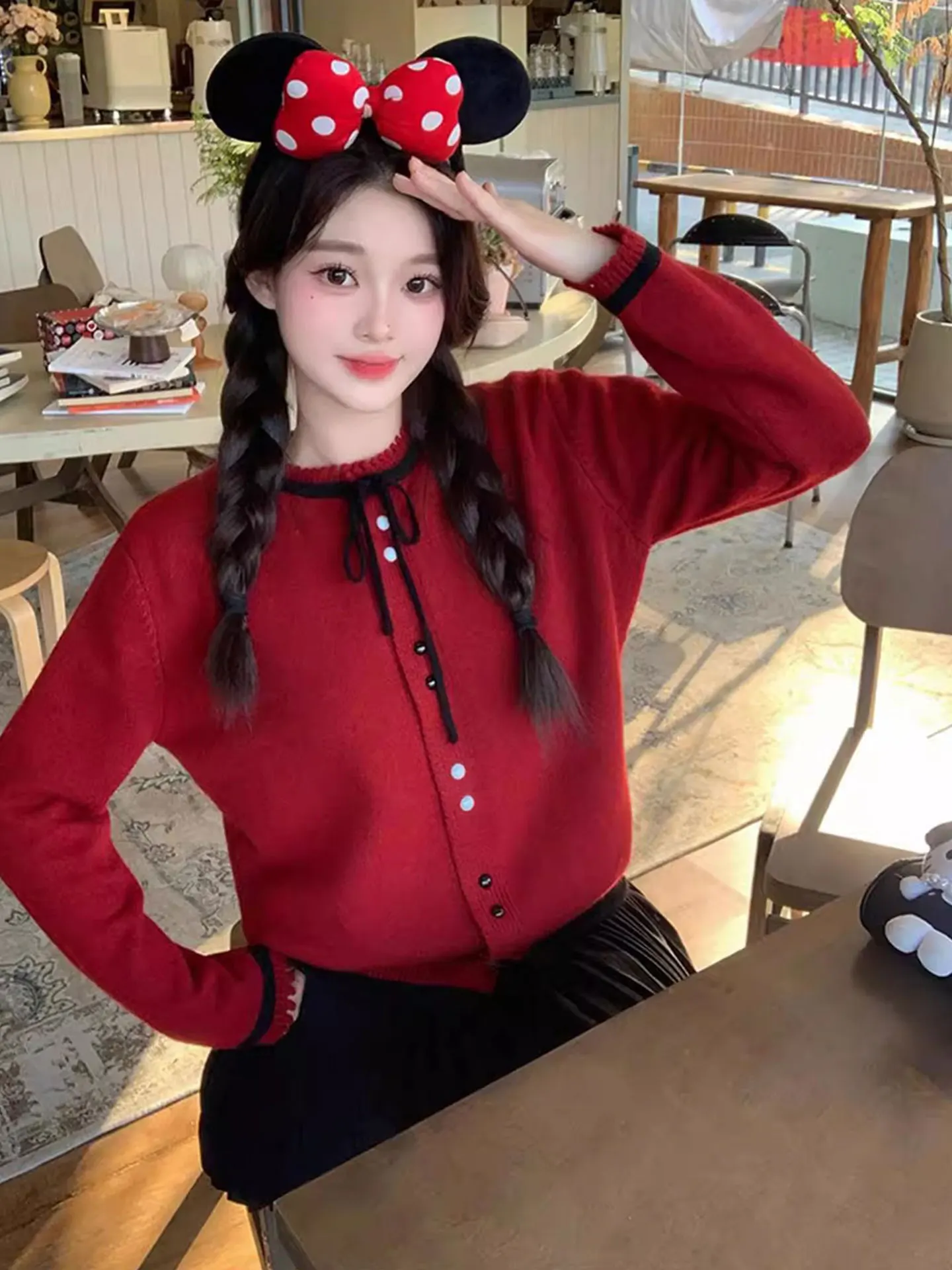 

Unique Red Long Sve Knitted Cardigan Women's Autumn Winter plus Size Flattering Belly Covering Knot Sweater