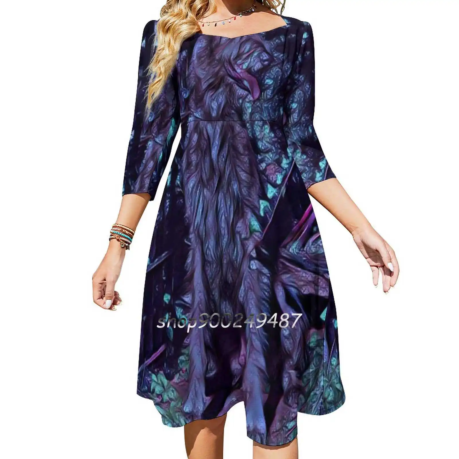 Night Hound In Purple Flare Dress Square Neck Dress Elegant Female Fashion Printed Dress Dog Art Wolfhound Irish Wolfhound