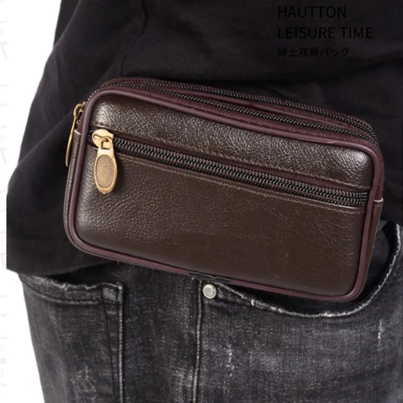 Men Fashion Cowhide Leather Fanny Waist Bag Classic Texture Delicate Chic Business Mobile Phone Belt Bum Pouch Banana Hip Bags