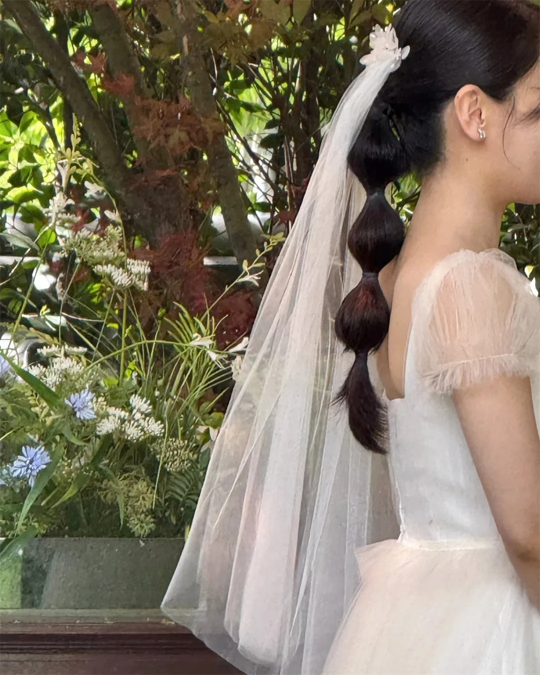 Customized Korea Stdyle Square Neck Short Sleeves A-Line Floor Length Wedding Dresses Ruched Elegant Tulle Draped Bridal Growns