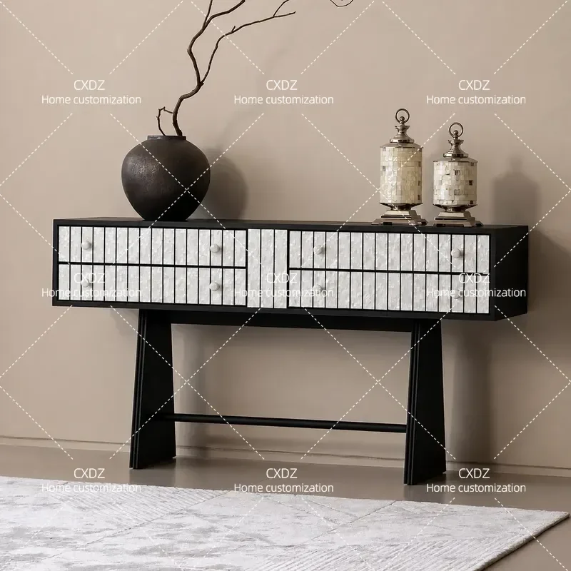 Medieval Style Solid Wood Porch Cabinet Artistic Shell Entryway Table Foyer Decoration Console with Advanced Storage Case