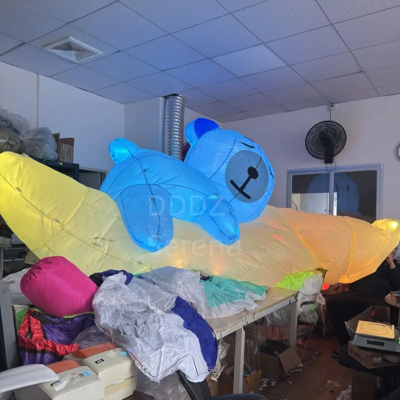 DDDZ 4M LED Bär-Mond-Linien-Luftschlepp, weicher aufblasbarer Teddybär-Luftschlepp mit Schwanzdekoration, 40D Ripstop-Nylon für Nachtshows & Drachenfliegen
