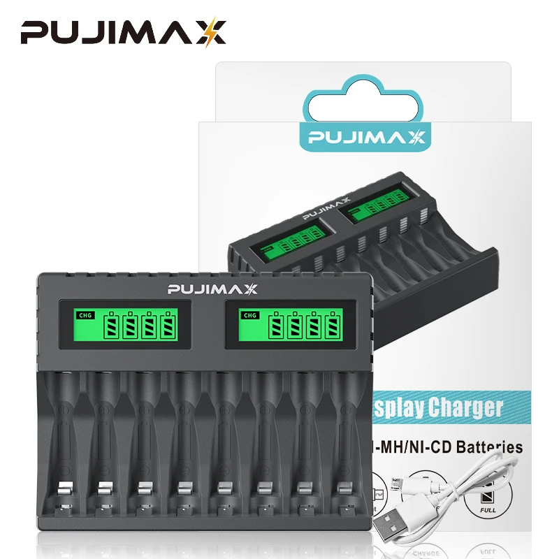PUJIMAX 8-gniazdowa ładowarka akumulatorowa odpowiednia AAA/akumulator AA zabezpieczenie przed zwarciem wyświetlacz LED Ni-MH/Ni-Cd ładowarka USB