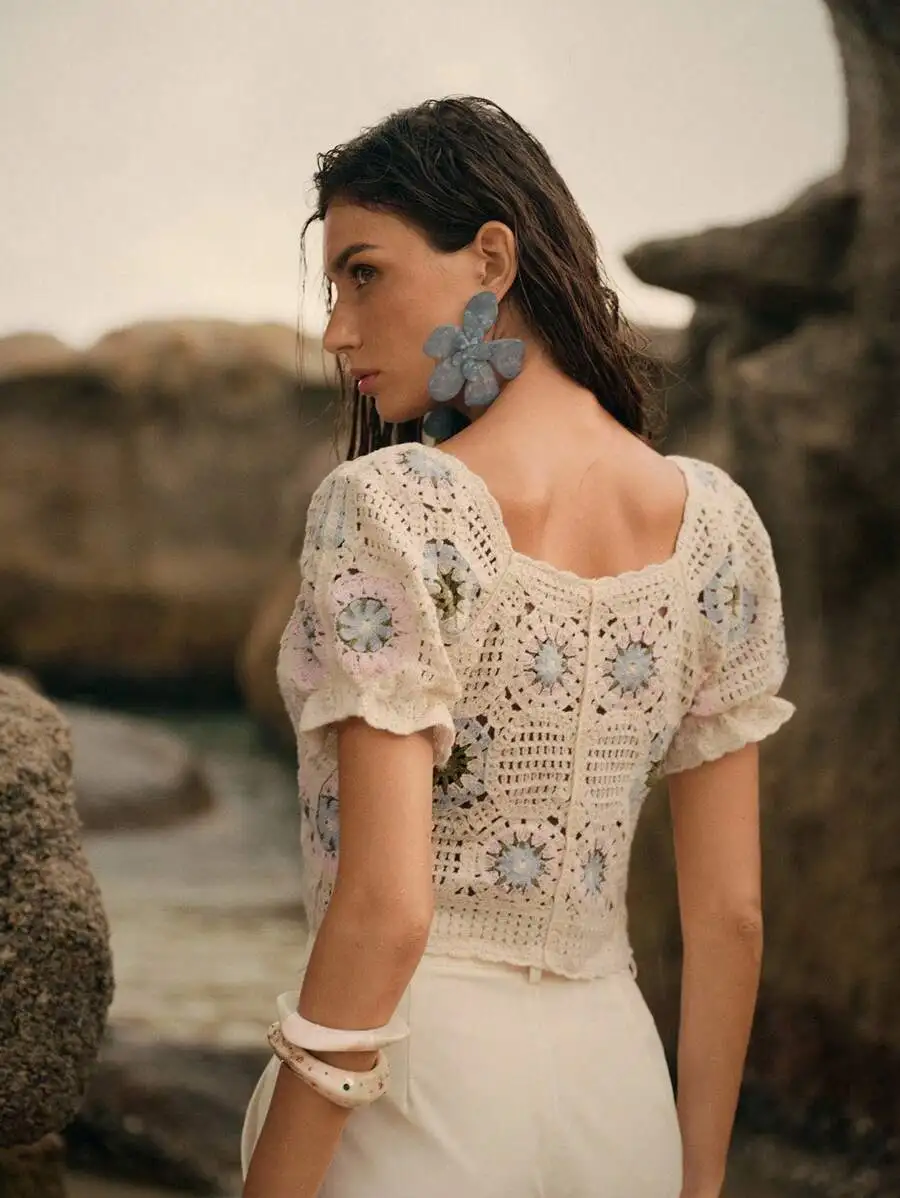 풀오버 버튼업 크로셰 탑 반팔 그랜니 스퀘어 오픈 니트 블라우스 크롭 가디건 여성용 틴걸 페어리코어 의상