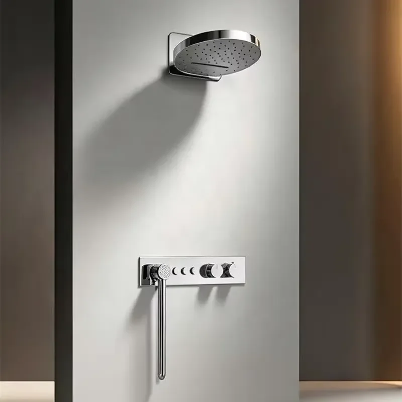 Modern Chrome Concealed Thermostatic Shower System Wall Mount Shower Head Set Round Brass Shower Kit Bathroom