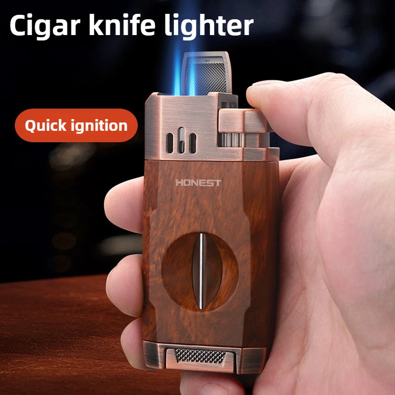 HONEST Windproof Double Jet Flame Butane Cigar Lighter with Cutter, Refillable Durable Torch for Outdoor Cigars & Pipe Lighting