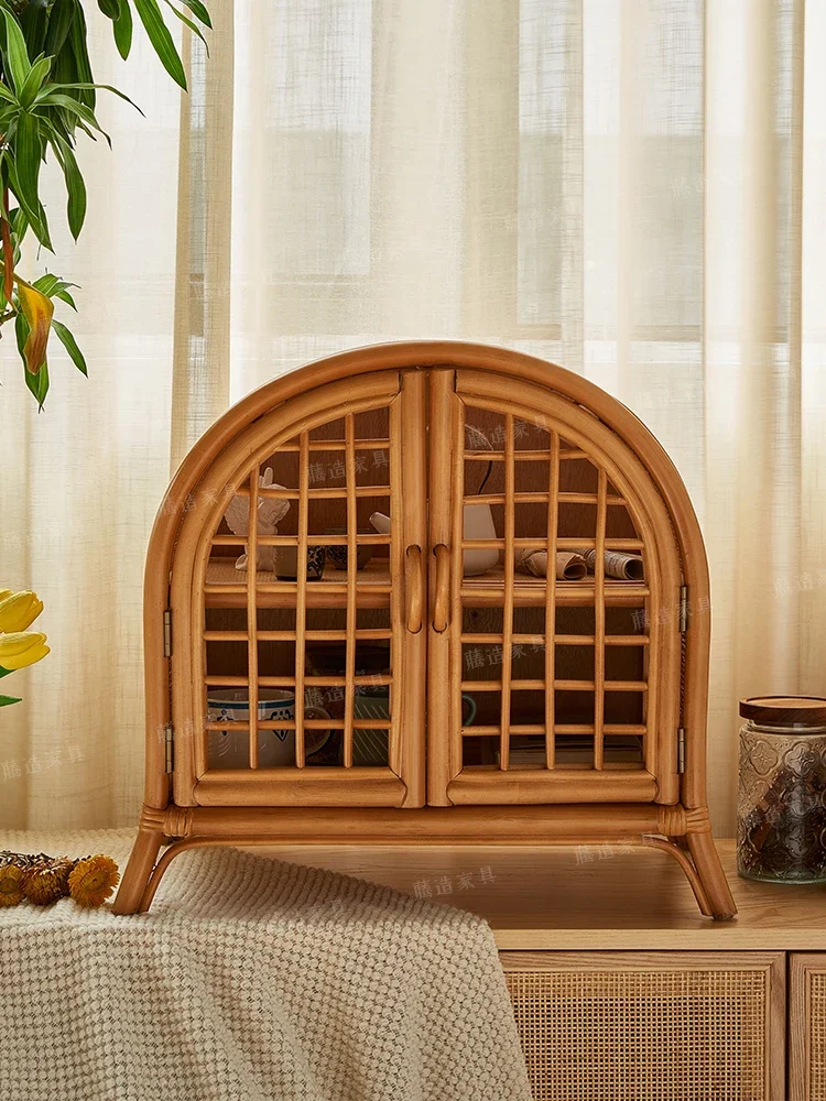 Vintage rattan mini storage household ins cabinet small cabinet double-door cute small storage rack in the ancient well grid