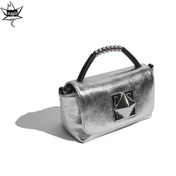 2024 Summer Chic Chain Strap Rivet Design Women Crossbody Bag Cowhide Leather Female Shoulder Bag Small All-match Phone Purse