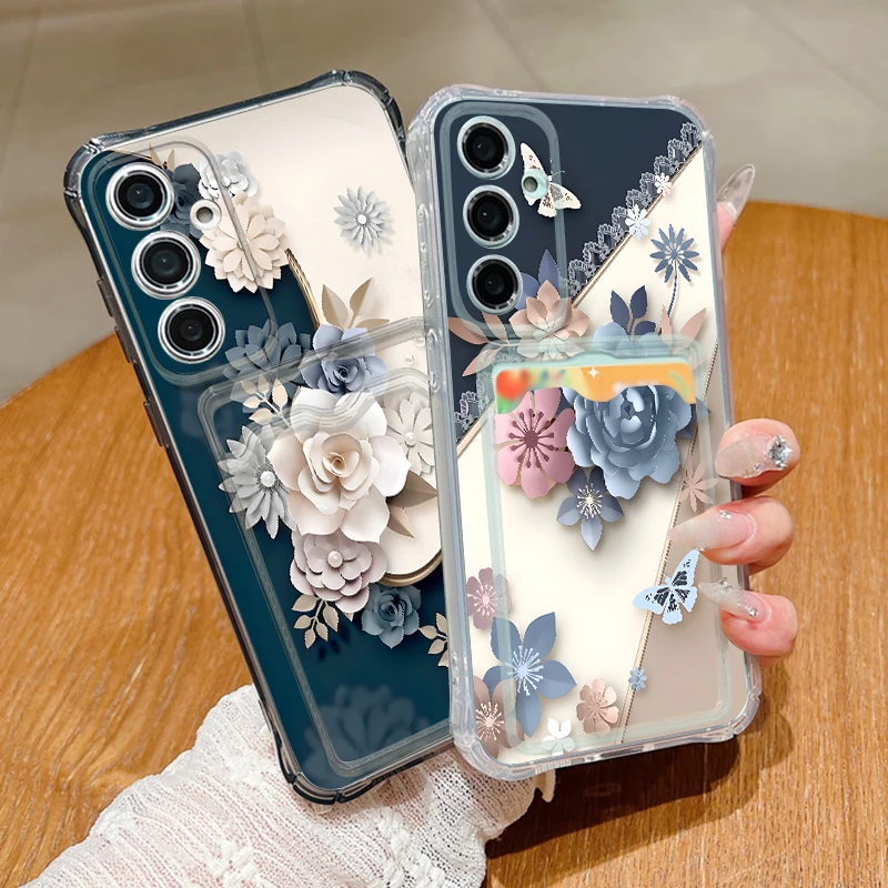 Greative Rose Card Pocket Phone Case For Samsung Galaxy S26 S25 Ultra S23 S24 FE A57 A17 A56 A55 A25 A16 A36 A15 5G TPU Cover