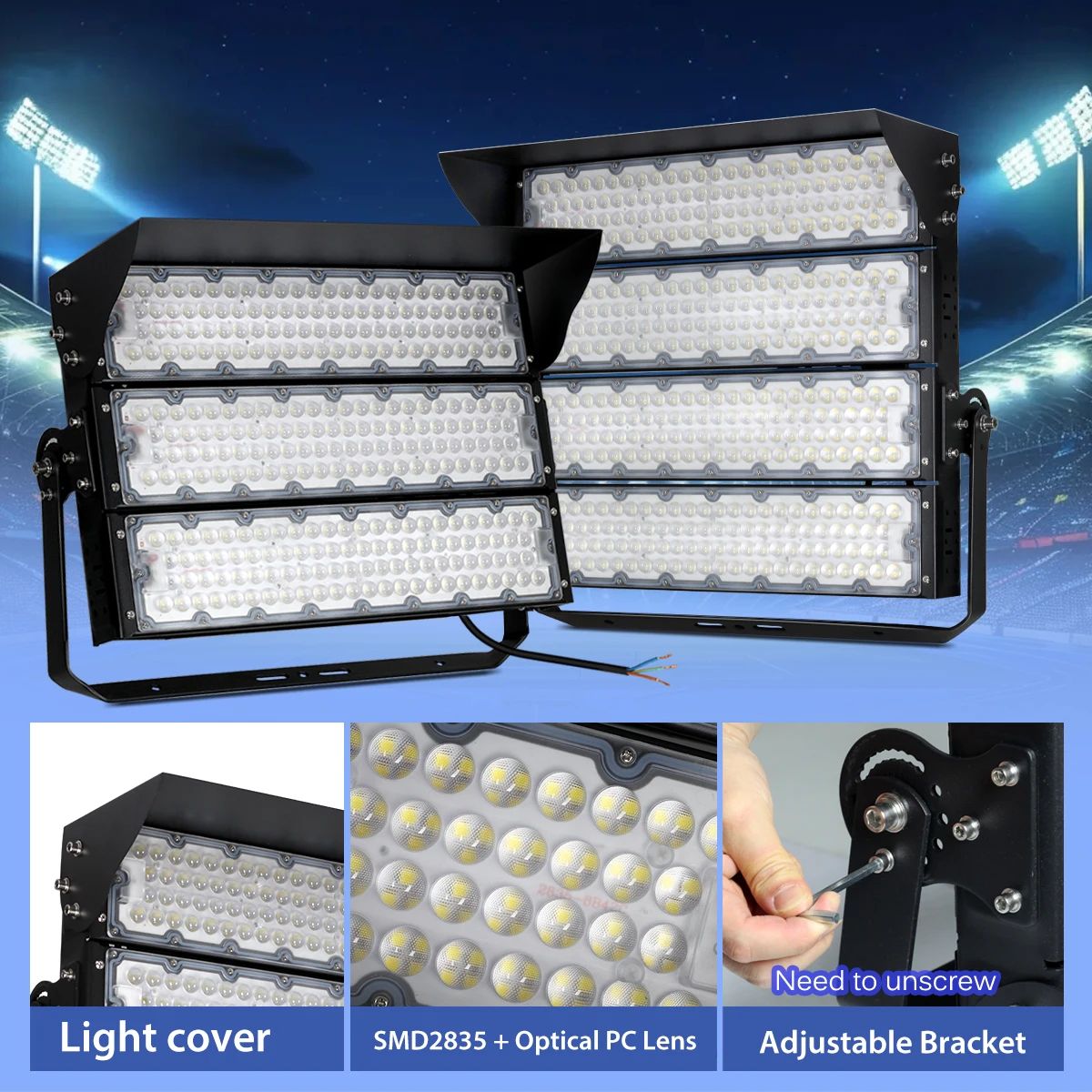 🌴 Gran Angular 60 °   Luz LED para Estadios de Alta Eficiencia, Chip LED de Alto Brillo 6000K 130LM/W, IP65 Impermeable, Soporte Ajustable