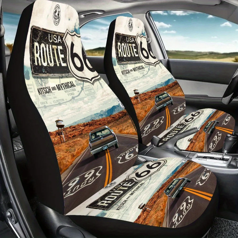 2pcs Route 66 Journey Print Car Seat Covers For Women And Men, Universal Auto Front Seats Protector Fits Cars, SUVs & Trucks – E