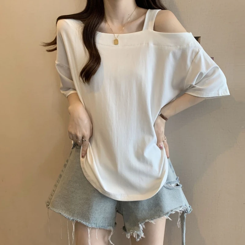 Irregular Off Shoulder Short Sleeve Korean T Shirts Women Clothing New Summer Loose Simplicity Lazy Style Tops Fashion Casual