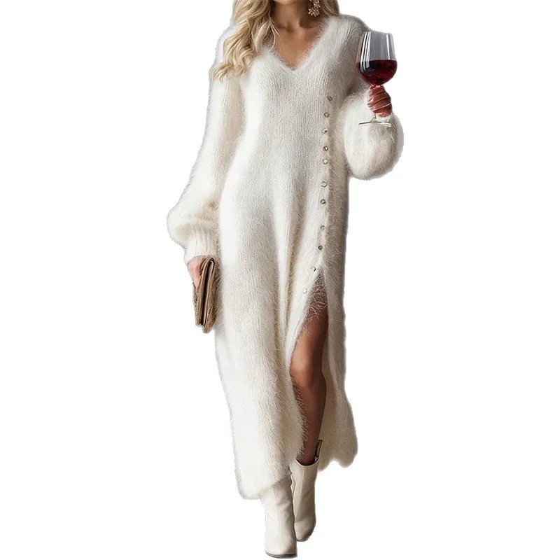 Lady Sexy V-neck Long Dress Fashion Button Hight Waist Loose White Party Dress 2026 New Elegant Split Solid Plush Maxi Dress